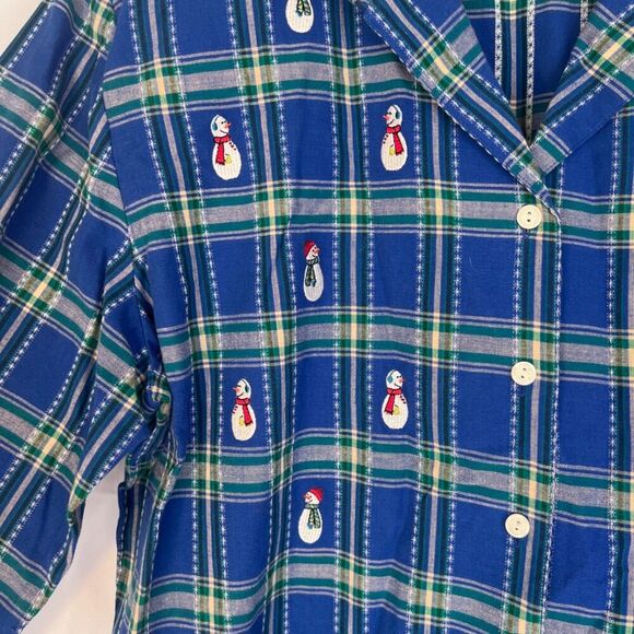 Karen Scott Sport Blue Plaid Snowman Motif Cotton Button Front Shirt Size Large - Picture 4 of 8